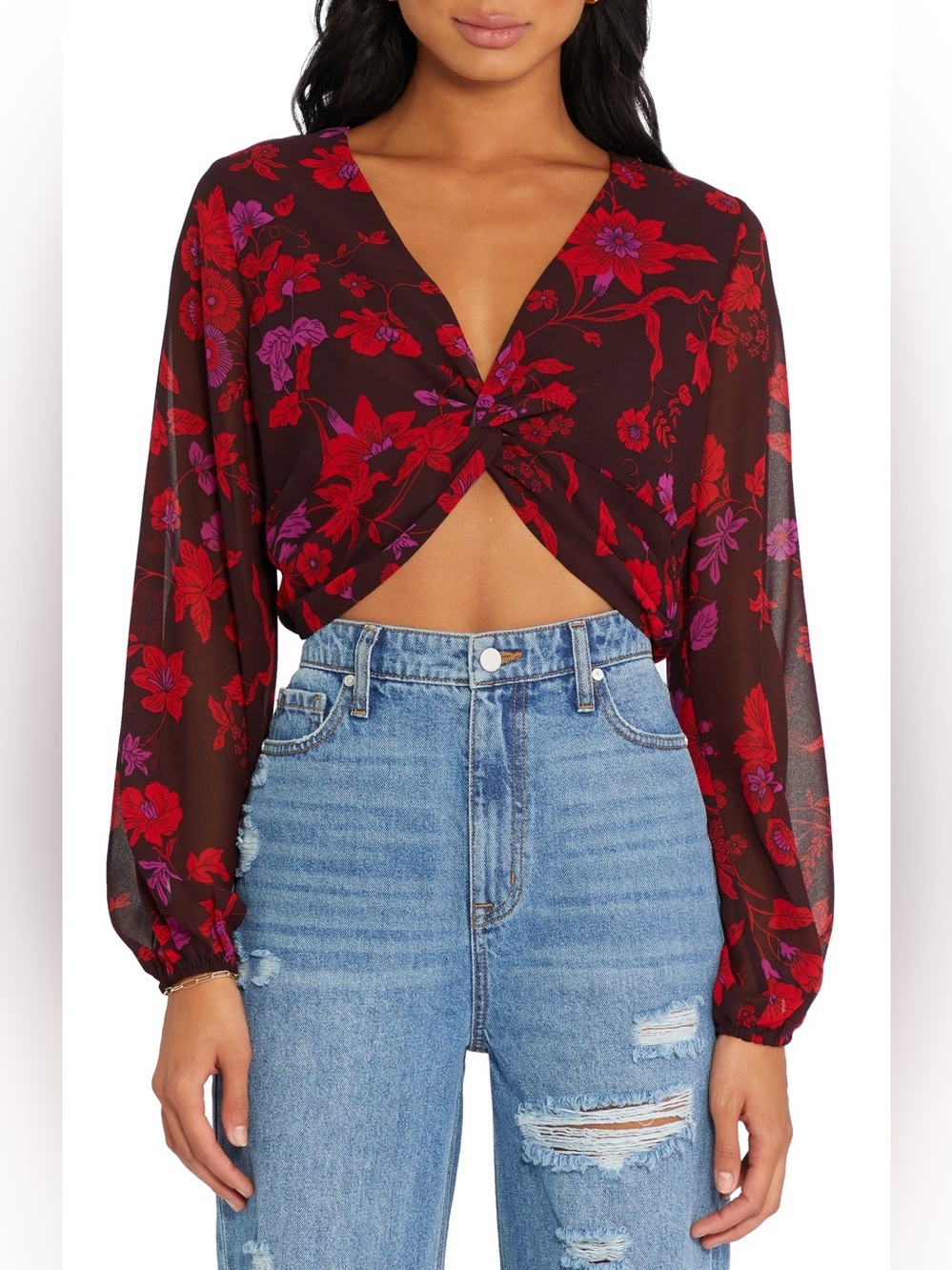 SANCTUARY | Floral Twist-Front Crop Blouse